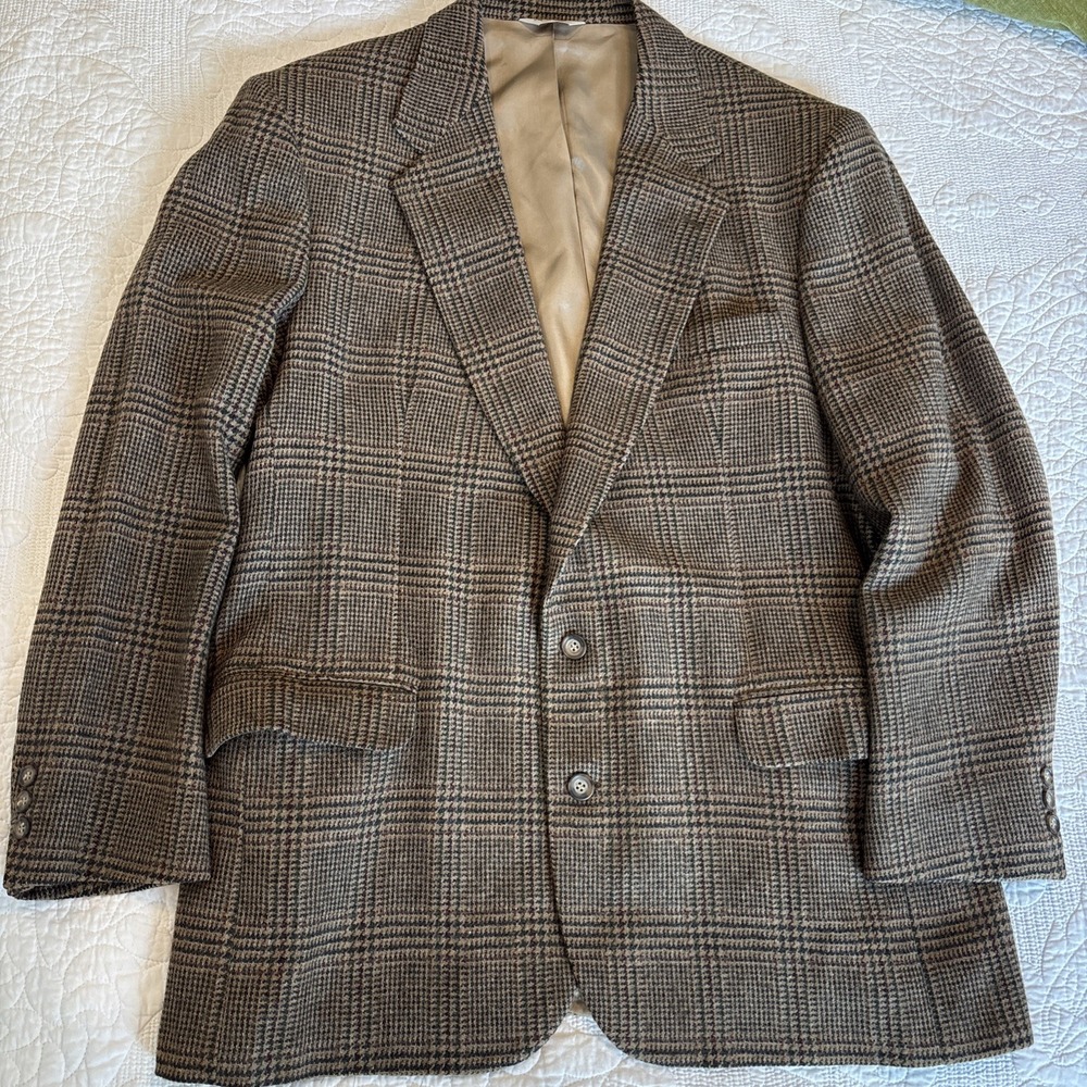 VTG Houndstooth Sport Coat Pure Wool Plaid 2 Button Brown Green‎ Preppy SZ 46L